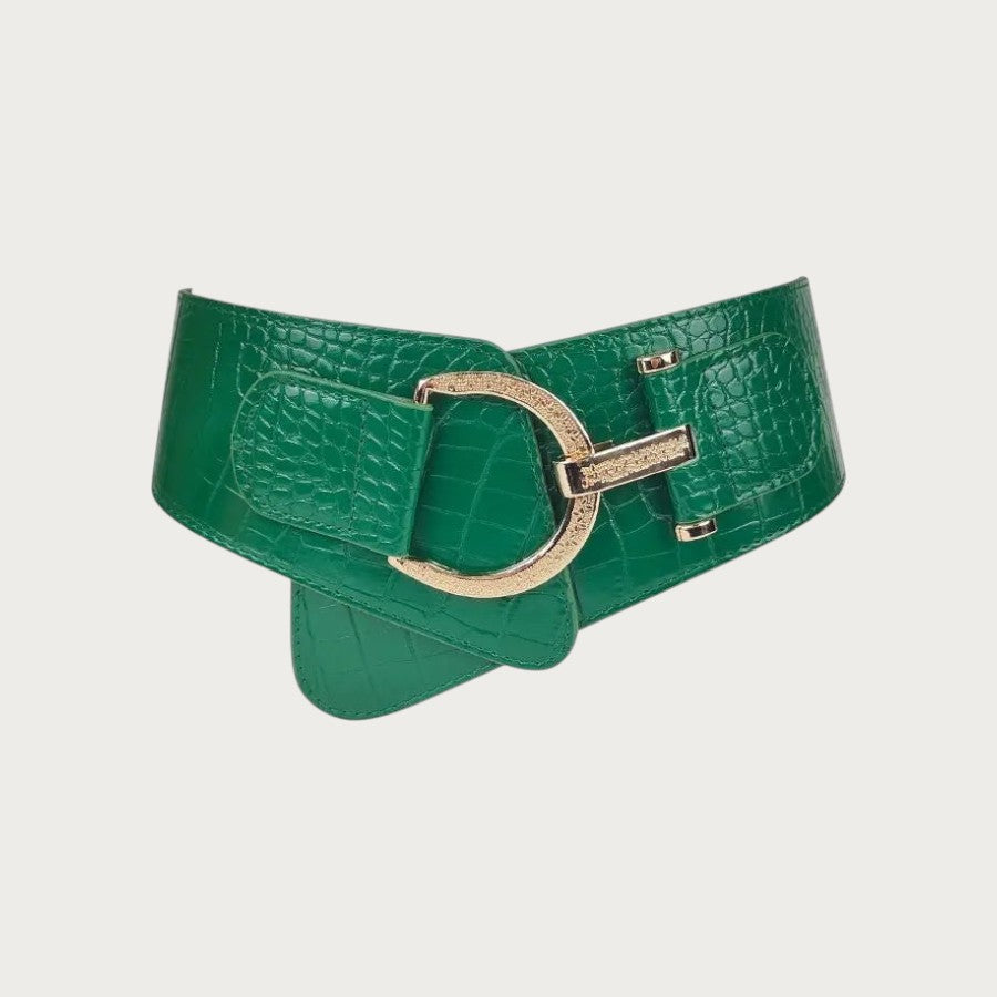 Ceinture large Ceintura pour femme en PU vert effet crocodile avec une boucle dorée élégante Image