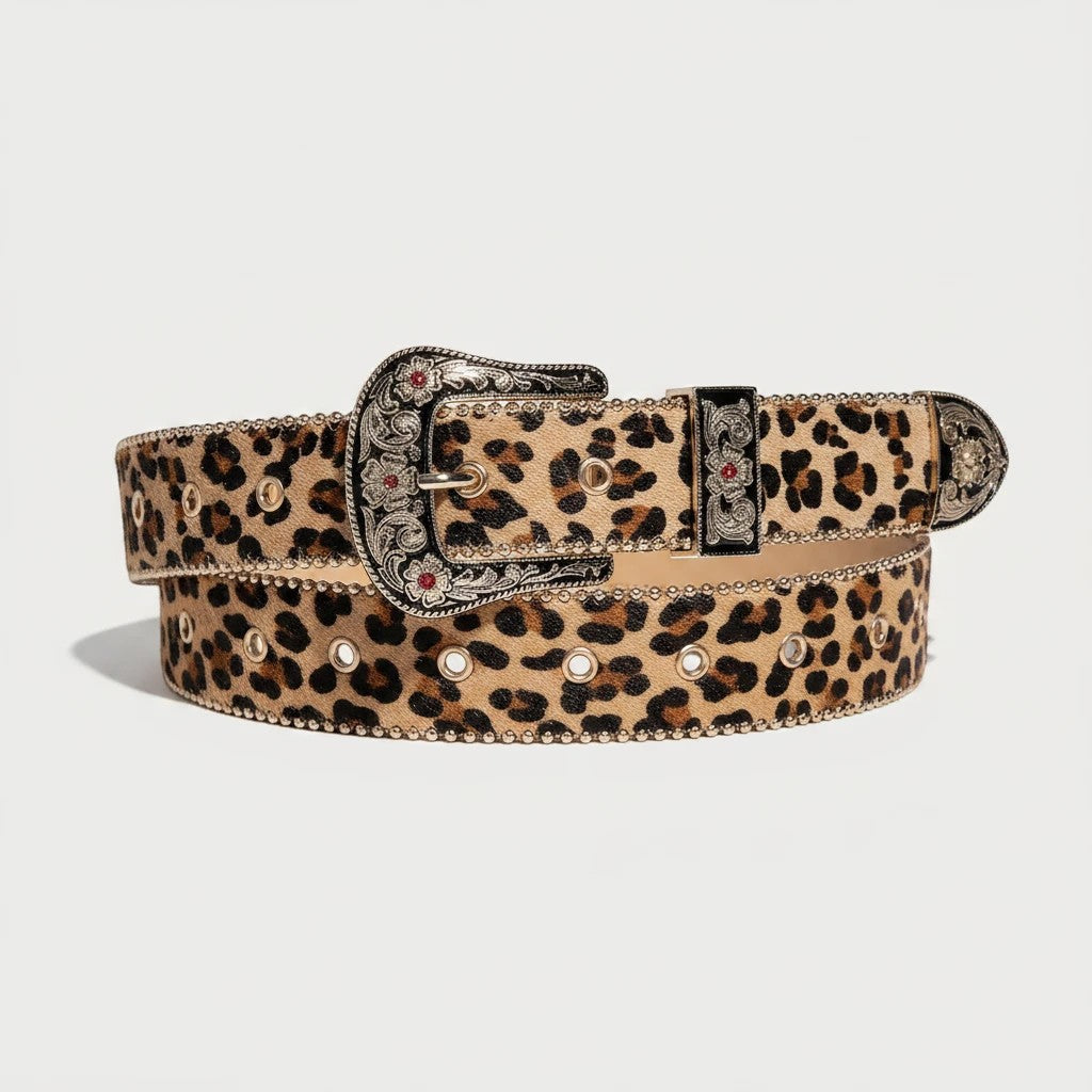 Ceinture femme Ceintura en cuir PU à motif léopard avec boucle vintage gravée et détails perlés Image