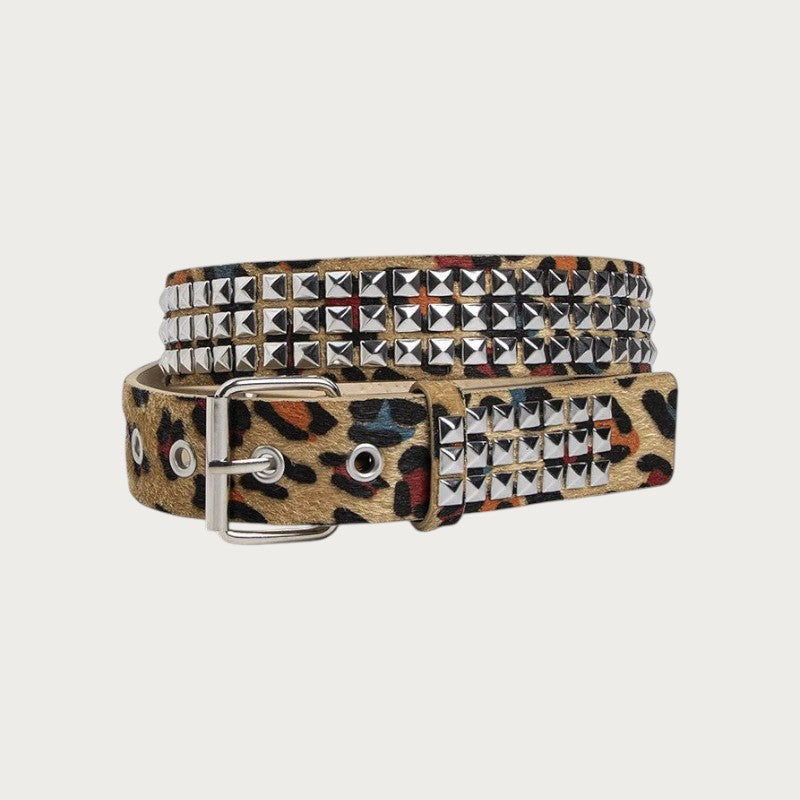 Ceintura ceinture unisexe style punk avec imprimé léopard, clous pyramidaux en métal et boucle argentée Image