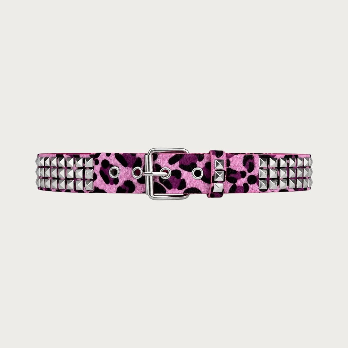 Ceinture Ceintura unisexe style punk Y2K en similicuir rose à motif léopard avec clous pyramidaux métalliques