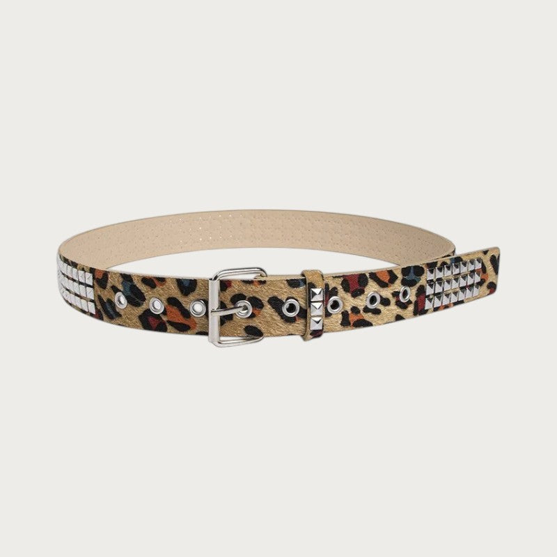Ceinture Ceintura unisexe style Y2K à imprimé léopard avec clous pyramidaux métalliques et boucle argentée