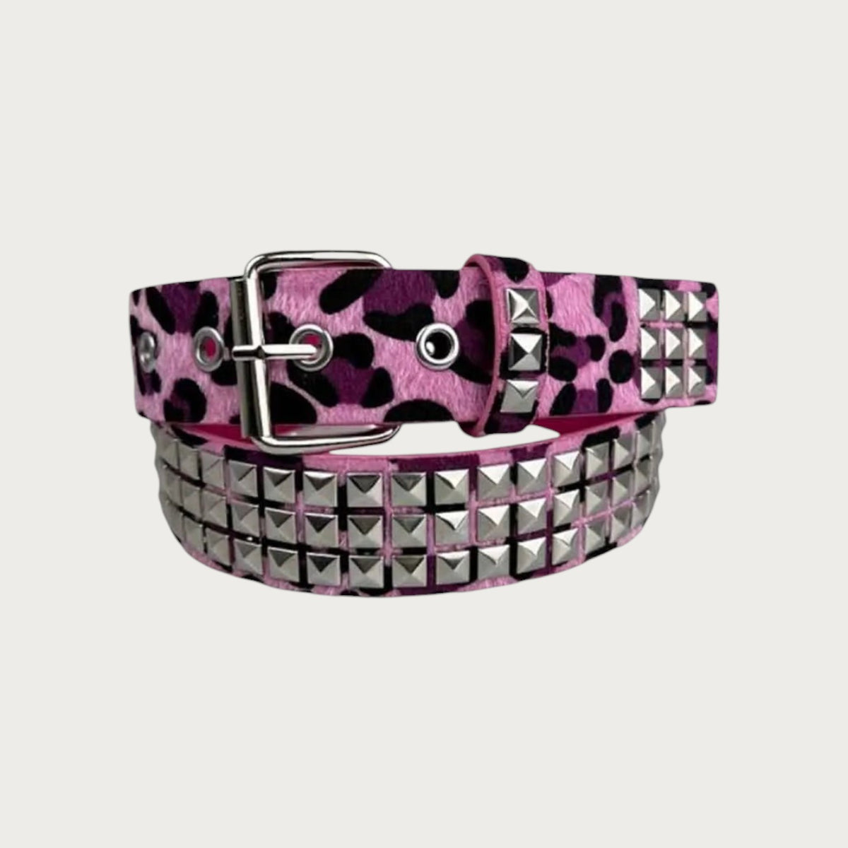 Ceintura ceinture unisexe style punk Y2K en similicuir rose à imprimé léopard avec clous pyramidaux métalliques