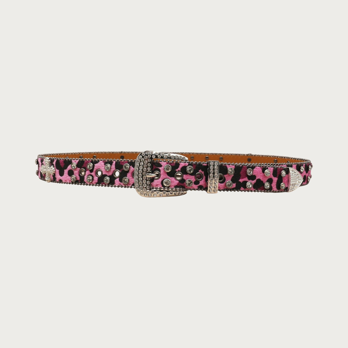 Ceinture Ceintura unisexe en similicuir rose à motif léopard, ornée de strass et de rivets style punk rock Y2K.