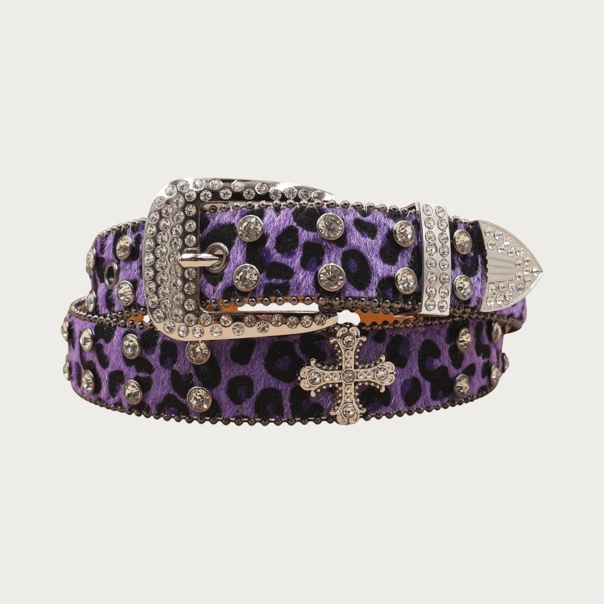 Ceinture Ceintura violette léopard à strass enroulée, boucle western argentée et pendentif croix