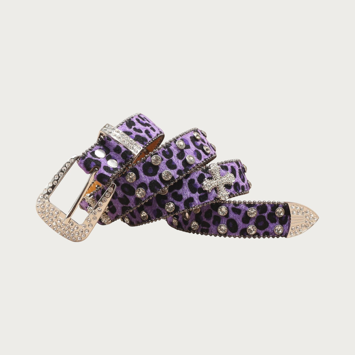 Ceinture Ceintura en similicuir violet à motif léopard, ornée de strass brillants et d'une boucle décorative style Y2K.