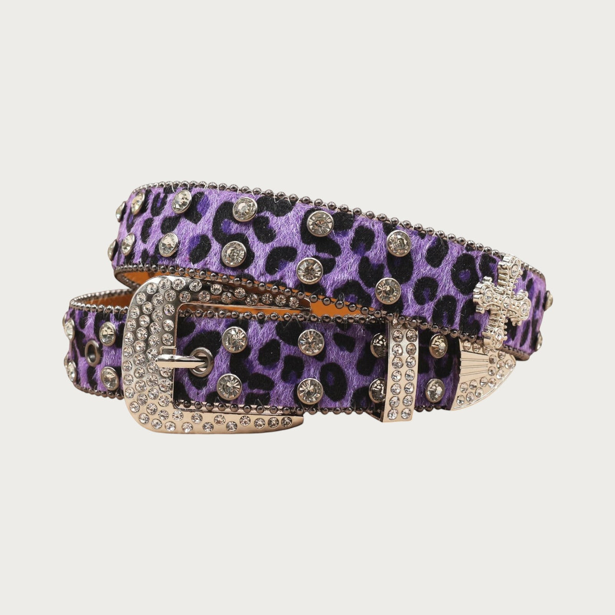 Ceintura ceinture unisexe en similicuir violet à motif léopard, ornée de strass scintillants et d'une boucle western.
