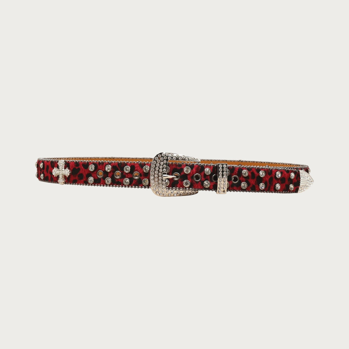 Ceinture Ceintura unisexe en similicuir à motif léopard rouge avec strass, rivets et boucle ornée de cristaux