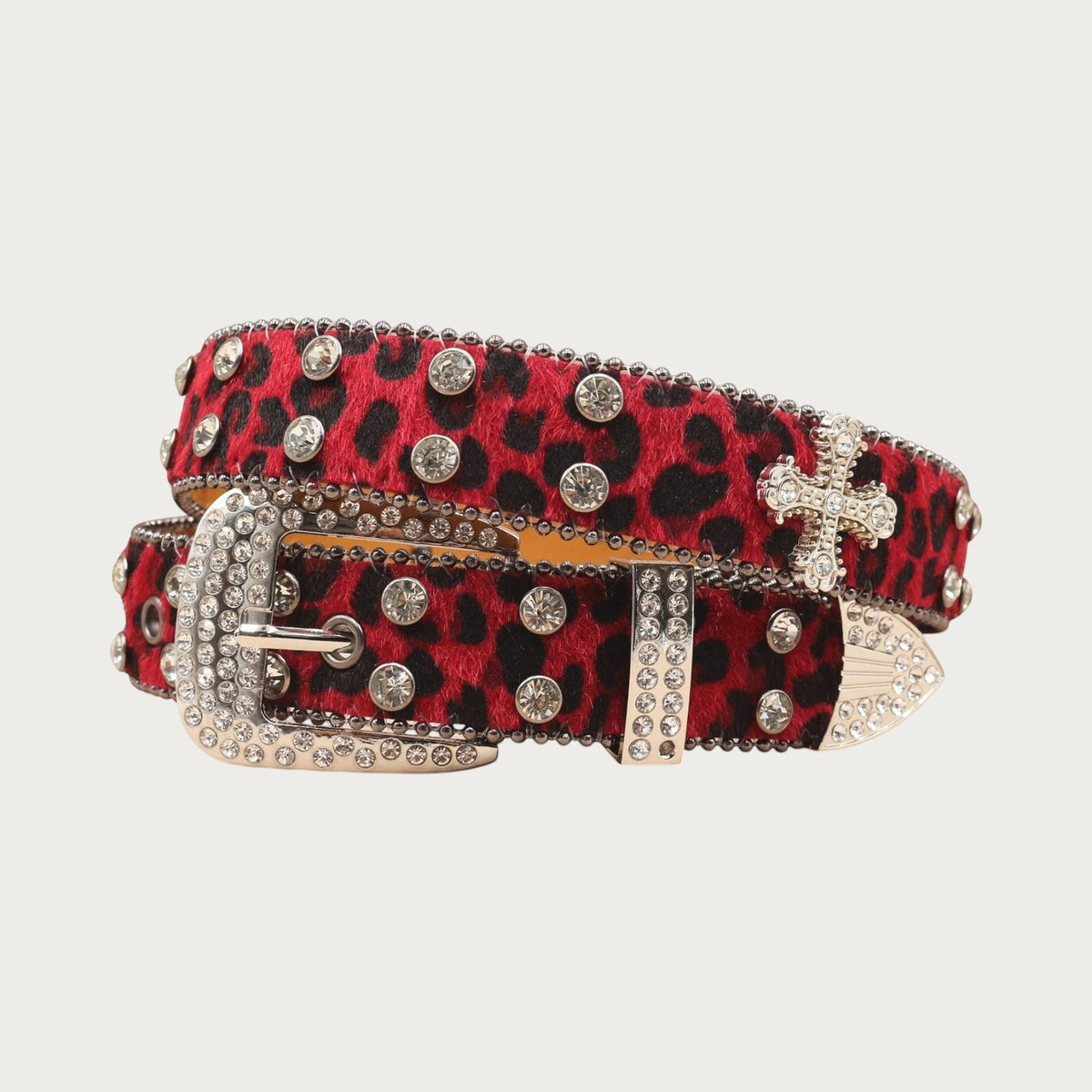 Ceintura ceinture unisexe en similicuir à motif léopard rouge avec strass brillants et boucle ornée style punk rock