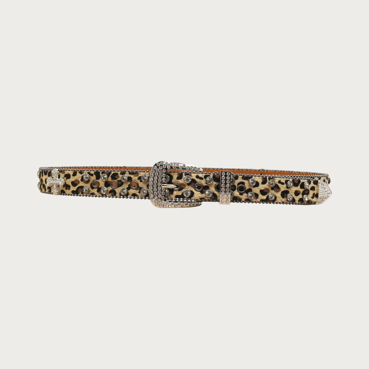 Ceinture Ceintura unisexe en similicuir à motif léopard avec strass, rivets et boucle western style punk rock Y2K
