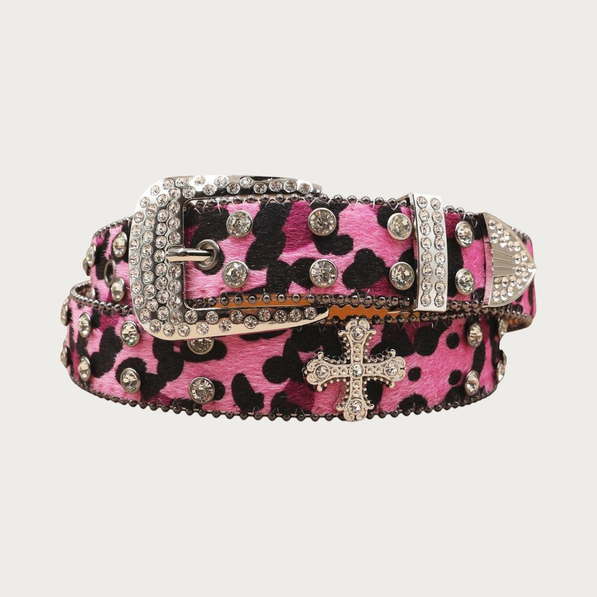 Ceintura ceinture unisexe en similicuir rose à motif léopard, ornée de strass scintillants et d'une boucle western.