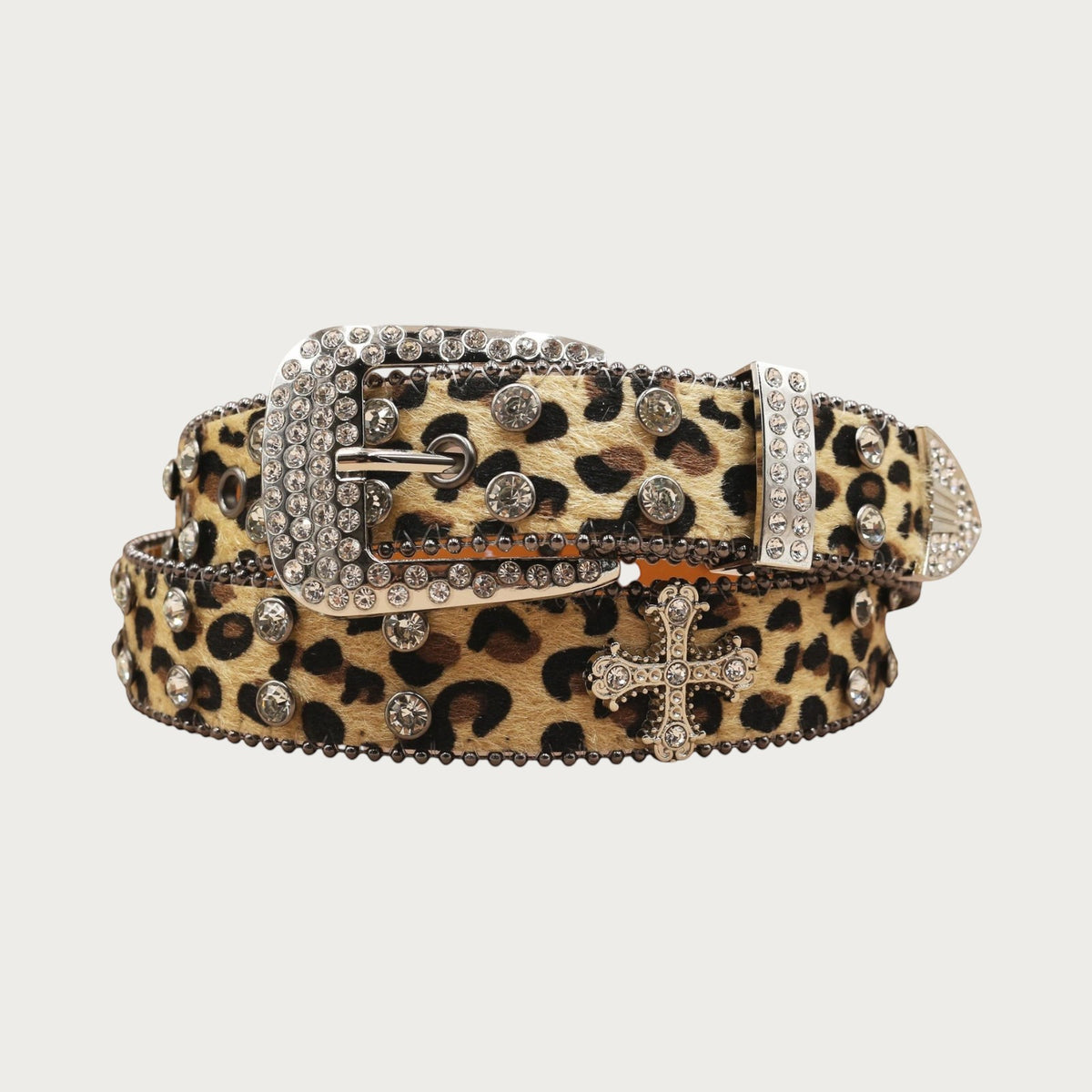 Ceinture Ceintura en similicuir à motif léopard avec strass scintillants, boucle ornée et détails en forme de croix