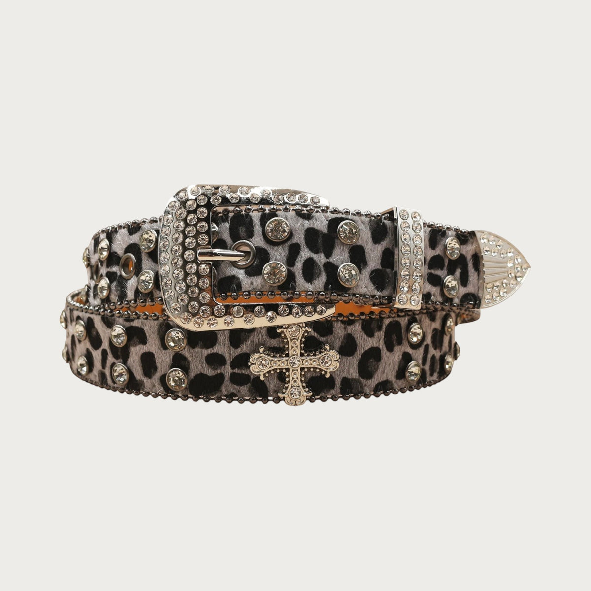 Ceintura ceinture unisexe en similicuir à motif léopard avec strass brillants, boucle ornée et détails en forme de croix
