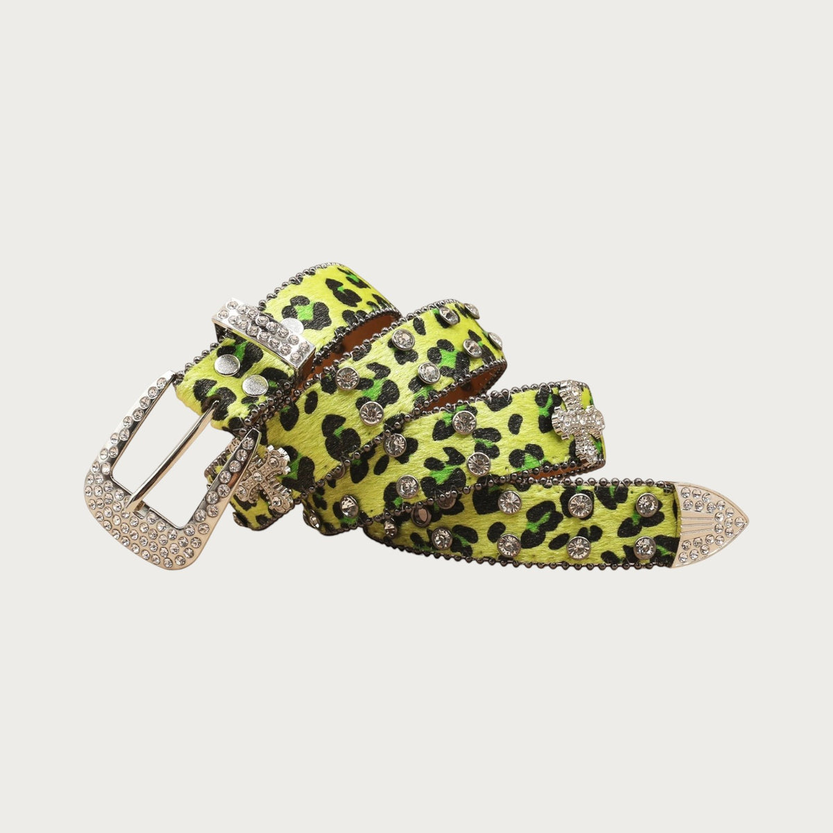 Ceinture Ceintura en similicuir à imprimé léopard vert fluo avec strass brillants et boucle ornée style punk rock