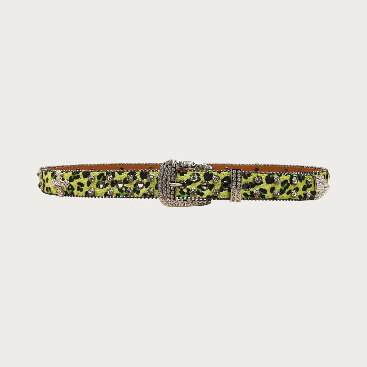 Ceintura ceinture unisexe en similicuir à motif léopard vert fluo avec strass brillants et boucle western