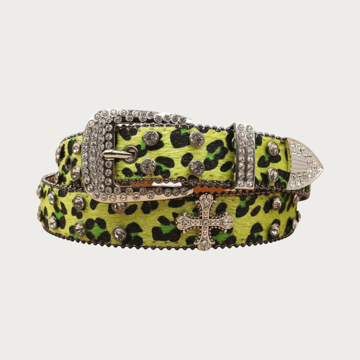 Ceinture Ceintura style western en similicuir à motif léopard vert fluo avec strass brillants et boucle ornée
