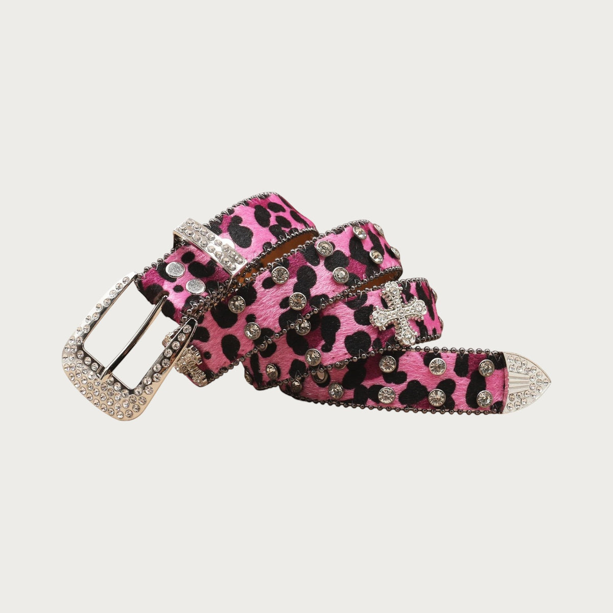 Ceinture Ceintura en similicuir rose à motif léopard, ornée de strass scintillants et d'une boucle western punk rock.