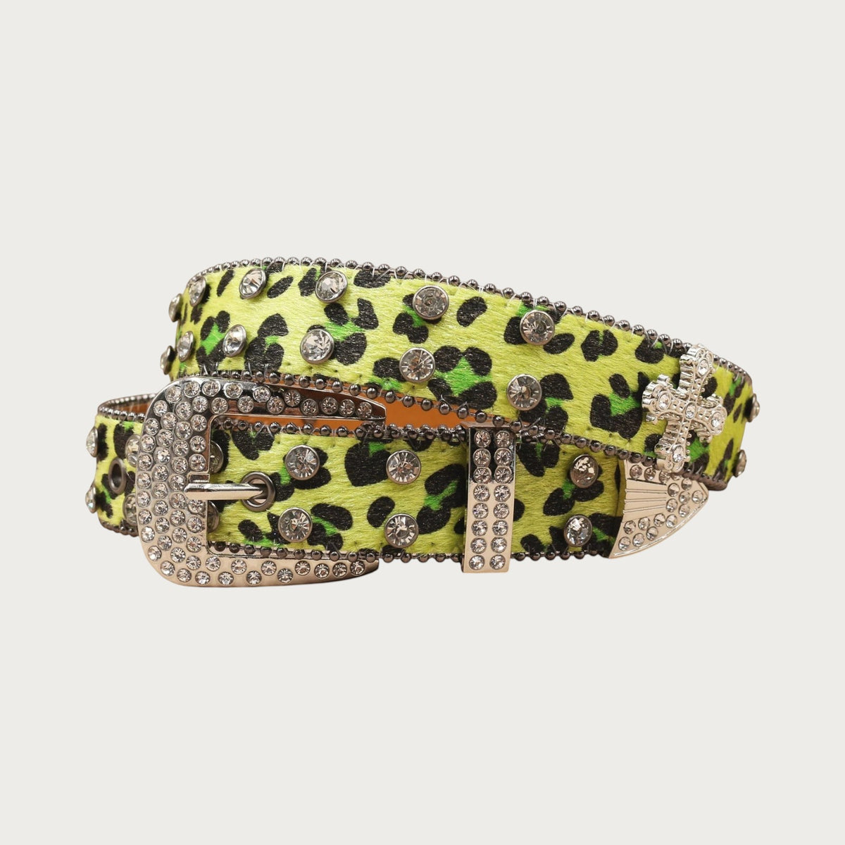 Ceintura ceinture unisexe en similicuir à motif léopard vert fluo, ornée de strass brillants et d'une boucle western