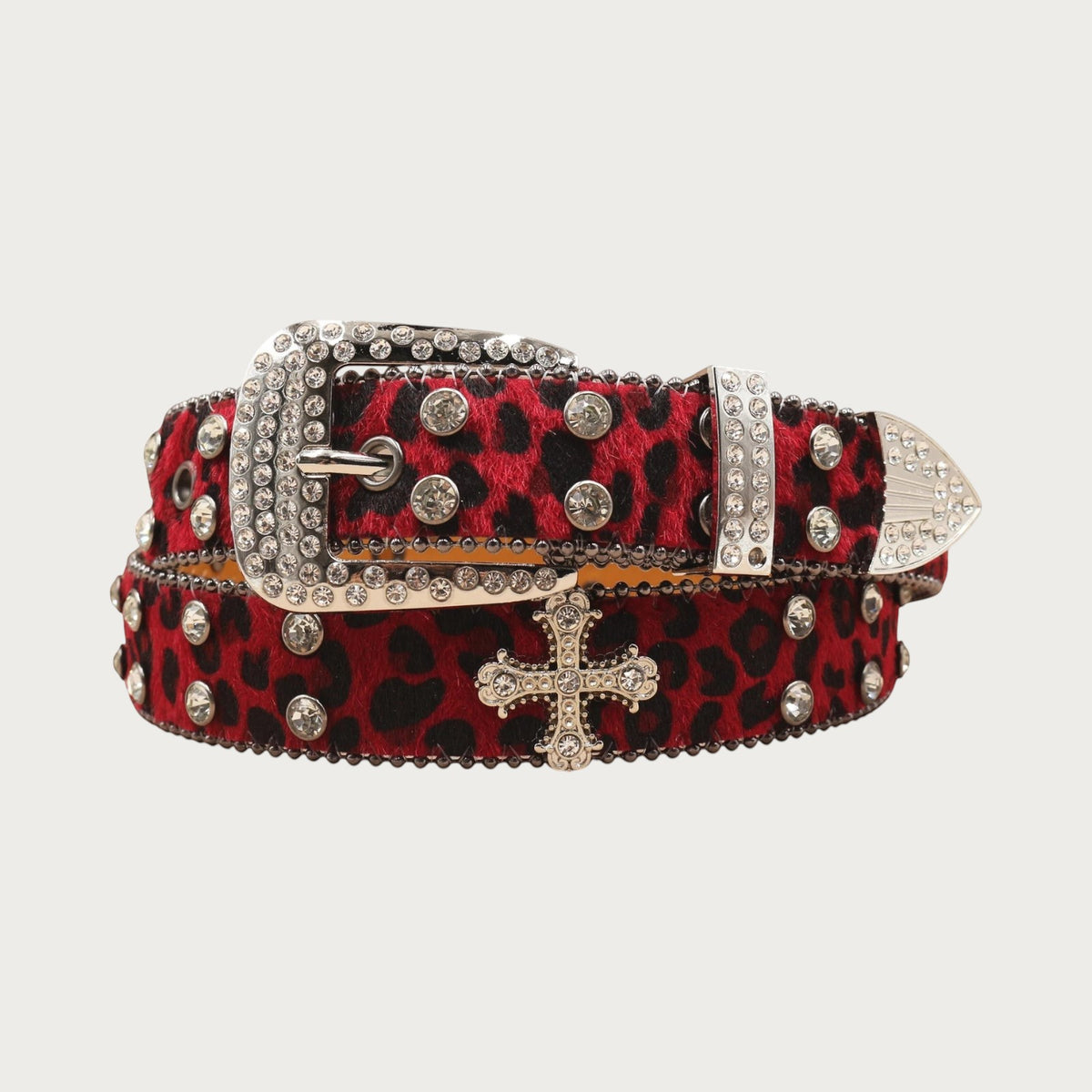 Ceintura ceinture unisexe en similicuir rouge à motif léopard avec strass, rivets et boucle ornée d'une croix