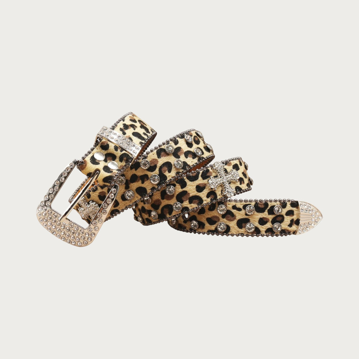 Ceinture Ceintura en similicuir à motif léopard avec strass scintillants, boucle ornée et détails croisés style punk rock.