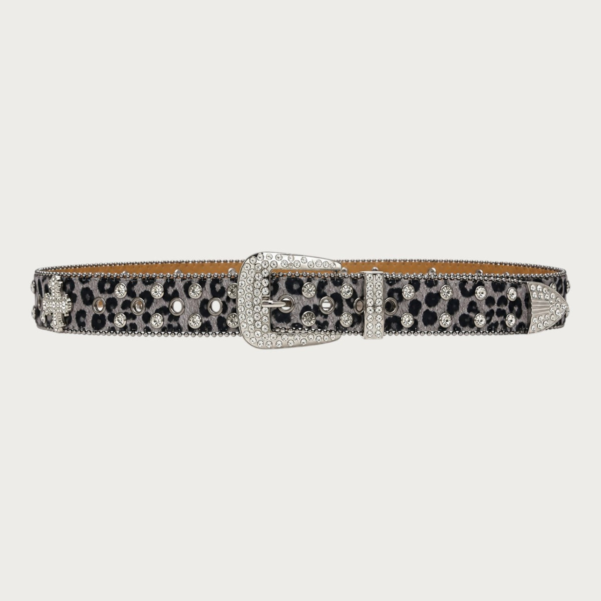 Ceintura ceinture unisexe en similicuir à motif léopard gris avec strass scintillants et boucle western argentée