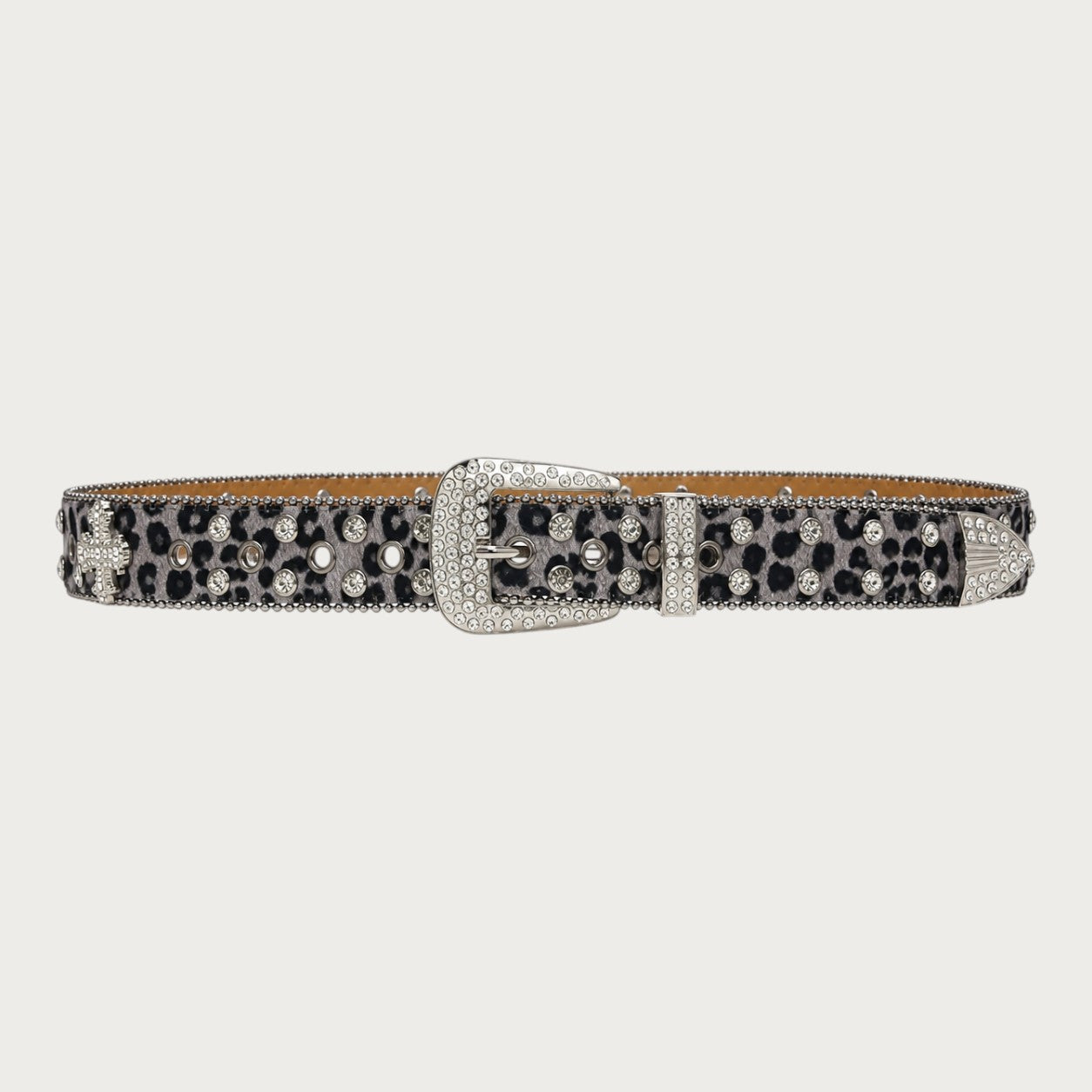 Ceintura ceinture unisexe en similicuir à motif léopard gris avec strass scintillants et boucle western argentée Image