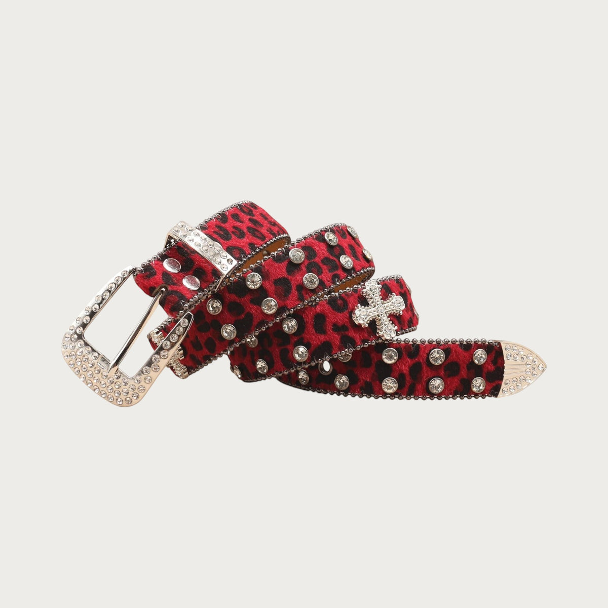 Ceintura ceinture unisexe en similicuir rouge à motif léopard, ornée de strass, de rivets et d'une boucle décorée.