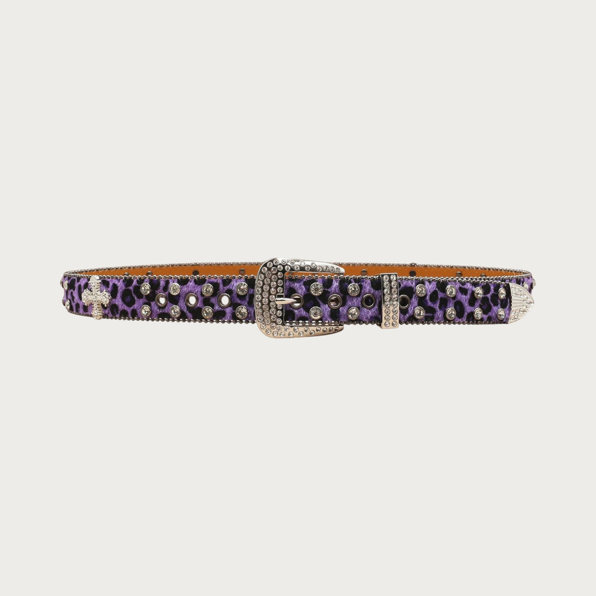 Ceinture Ceintura violette à imprimé léopard et strass déployée à plat, boucle western argentée