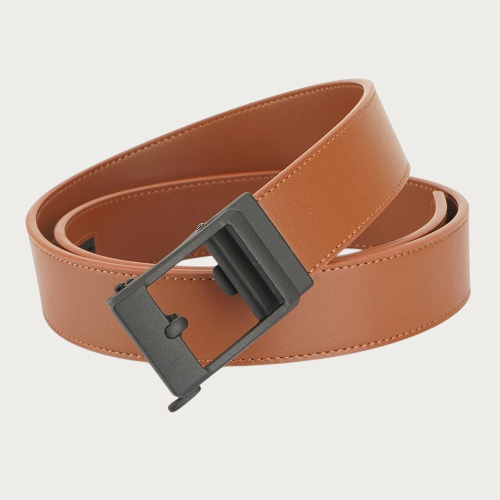 Ceinture militaire Ceintura Sassari en cuir marron avec boucle automatique noire, style tactique et élégant.