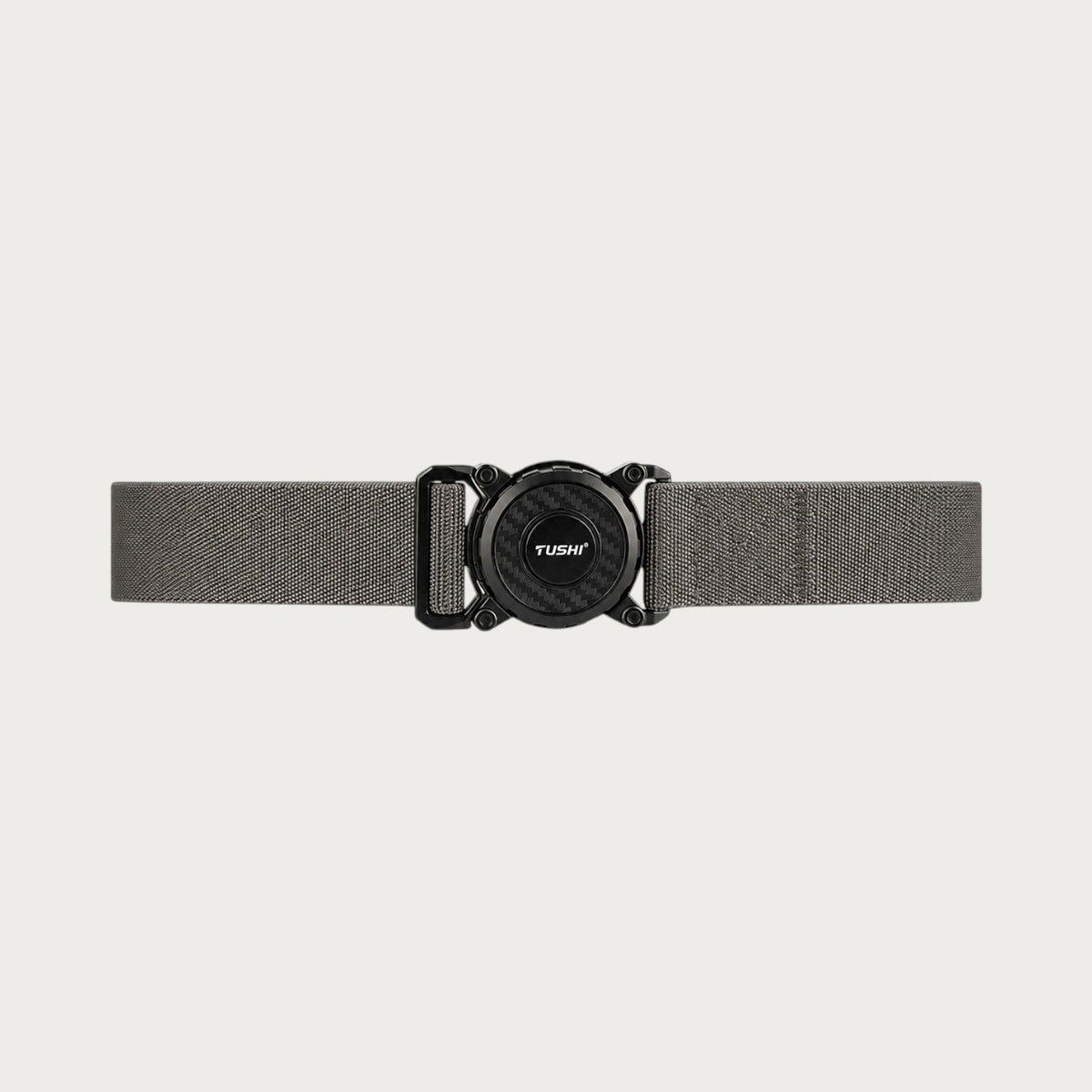 Ceinture militaire Ceintura Cosenza grise déployée à plat, boucle rotative noire à dégagement rapide