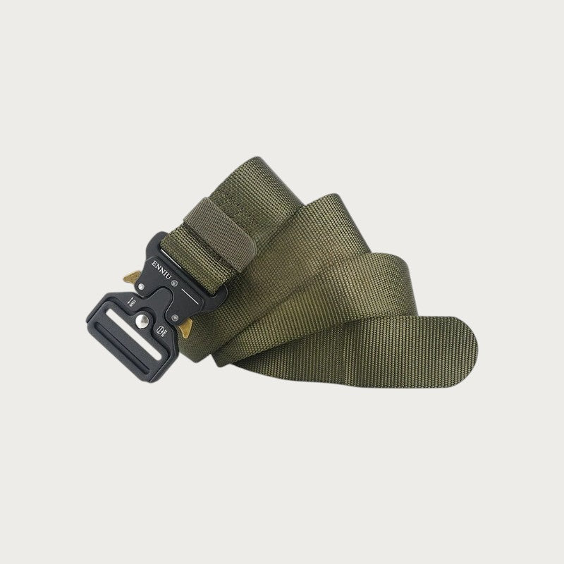 Ceinture militaire Ceintura Frosinone kaki repliée, boucle tactique noire à dégagement rapide et détails dorés