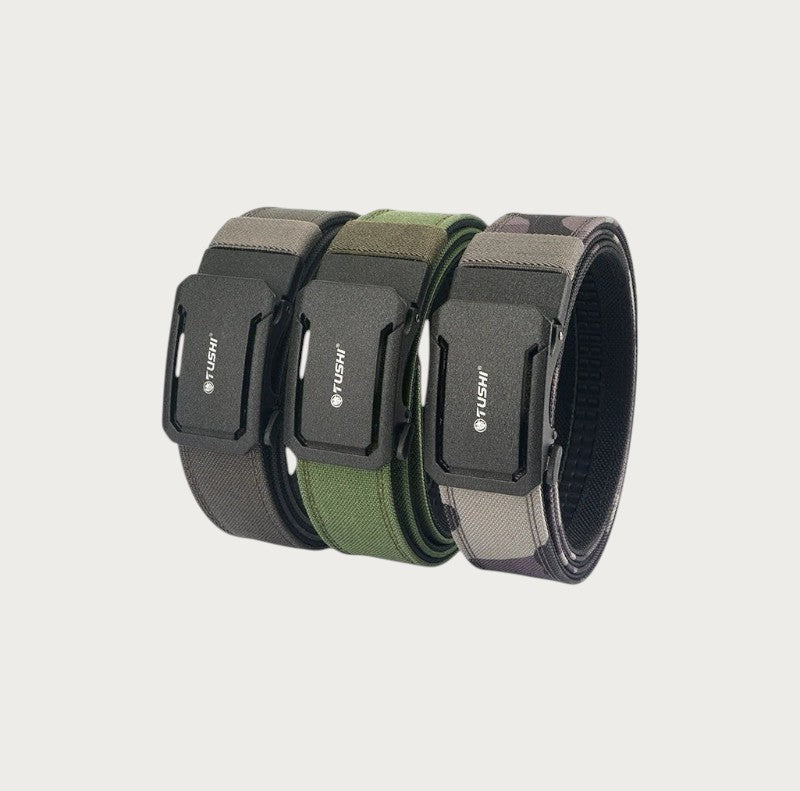 Trois ceintures tactiques Ceintura en nylon 1100D avec boucle automatique noire, coloris gris, vert olive et camouflage.