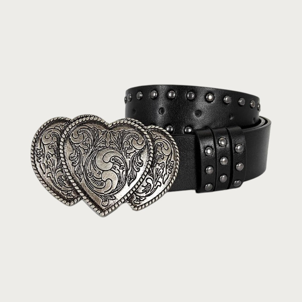 Ceintura ceinture noire en similicuir style punk avec boucle en forme de double cœur argenté et détails cloutés Image