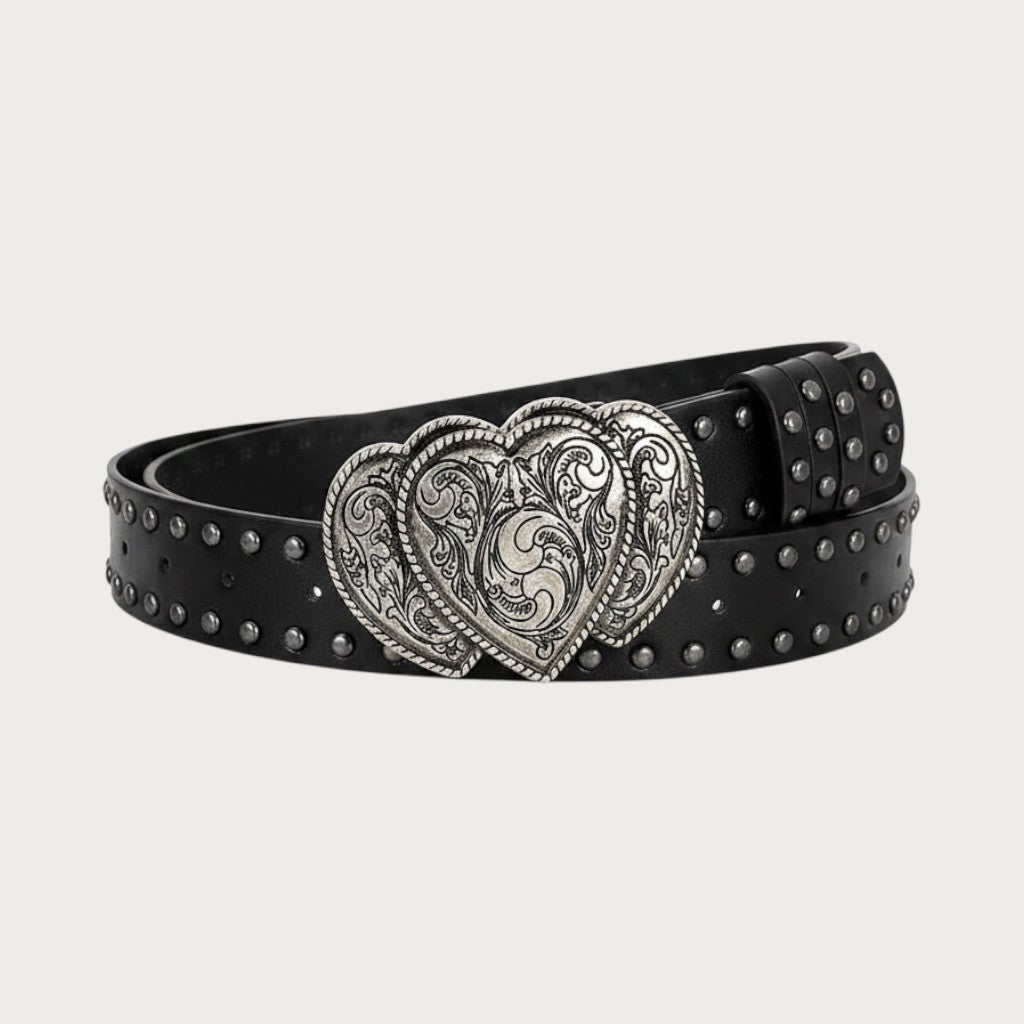 Ceintura ceinture noire en similicuir style punk gothique avec boucle en forme de cœurs gravés et détails cloutés