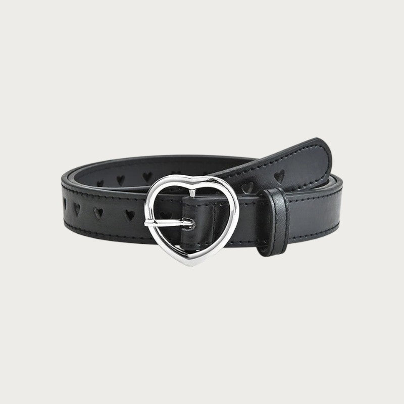 Ceinture noire en similicuir pour enfant avec une boucle en forme de cœur argenté et des perforations en cœur