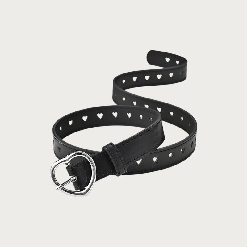 Ceinture noire en similicuir avec boucle en forme de cœur et perforations cœurs tout le long, style mode enfantine