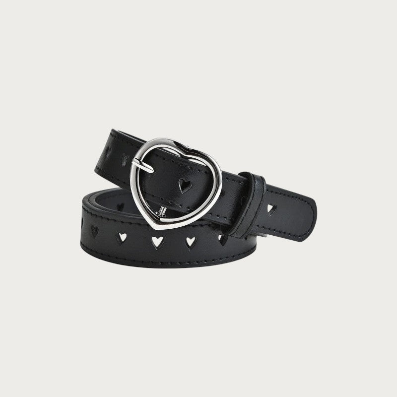 Ceinture noire en similicuir pour enfant avec boucle en forme de cœur argenté et détails découpés en forme de cœur