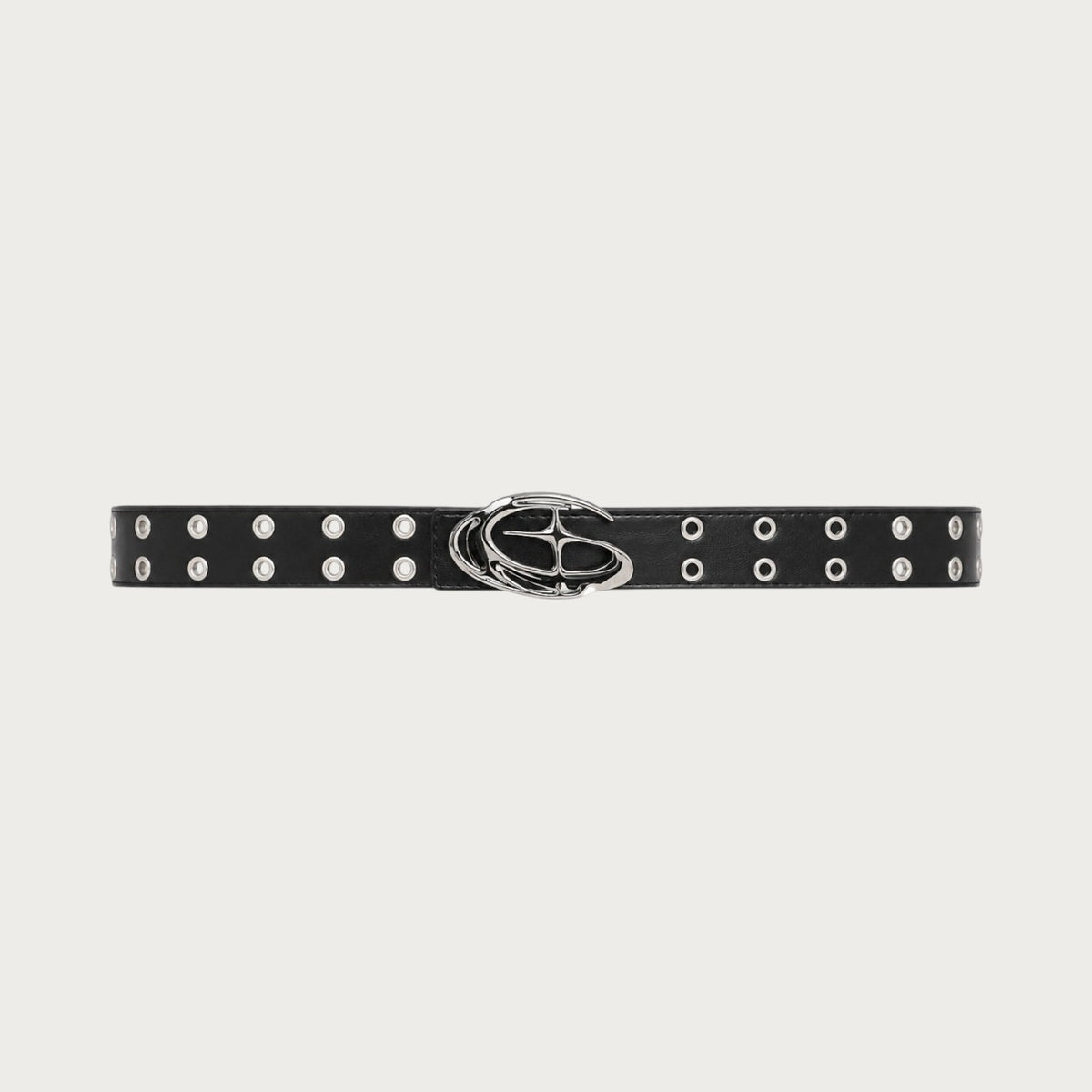 Ceinture Ceintura Aria en similicuir noir déployée à plat, double rangée d'œillets et boucle étoile argentée
