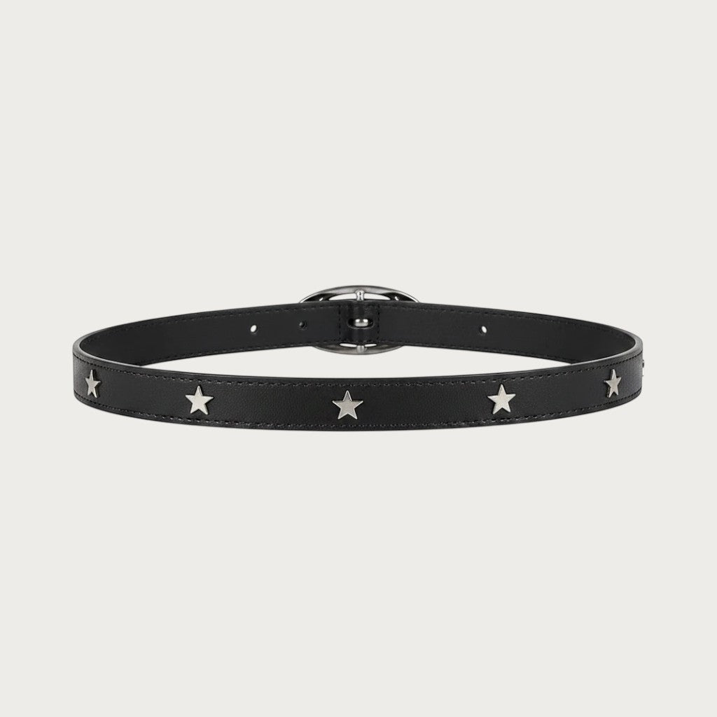 Ceintura ceinture noire en similicuir style gothique Y2K avec détails en métal en forme d'étoiles argentées