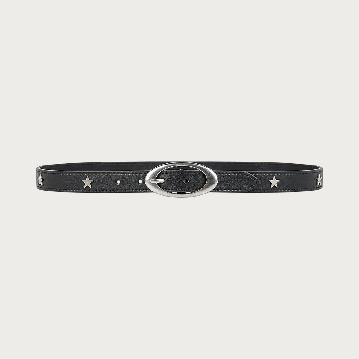 Ceintura ceinture noire en similicuir avec boucle ovale argentée et détails en forme d'étoiles style gothique Y2K