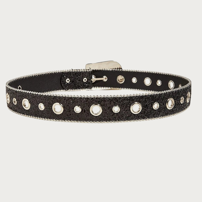 Ceinture Ceintura noire à paillettes avec œillets métalliques et boucle style punk Y2K