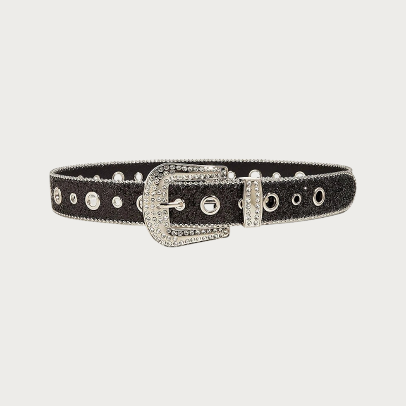 Ceinture Ceintura noire à paillettes avec boucle ornée de strass et œillets métalliques style punk Y2K