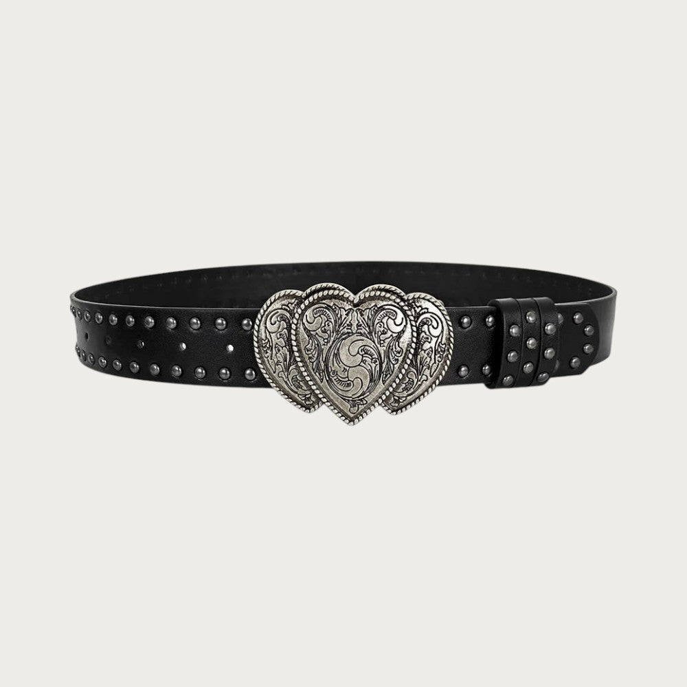 Ceintura ceinture noire en similicuir style gothique Y2K avec rivets métalliques et boucle en forme de double cœur