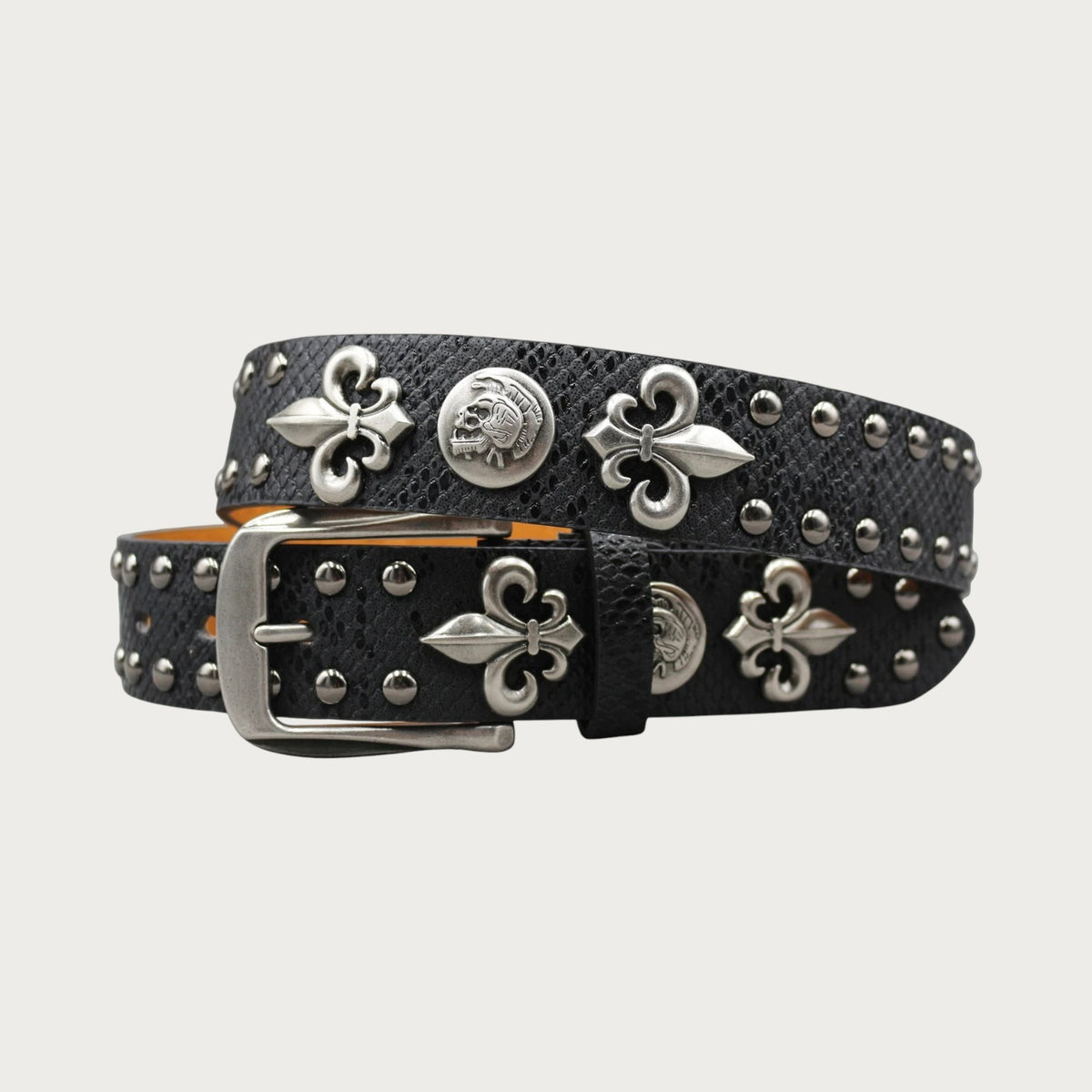 Ceinture Ceintura noire en similicuir style Y2K avec rivets métalliques, motifs croix fleur de lys et crânes