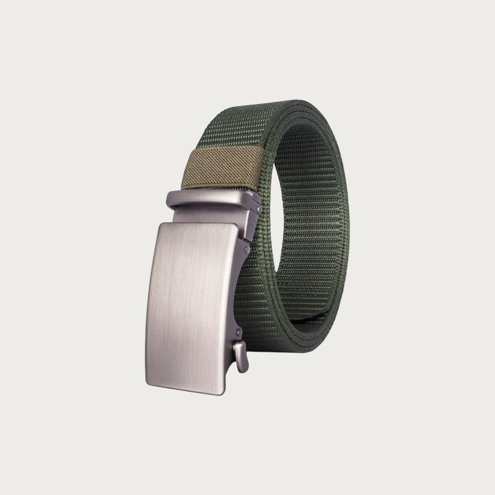 Ceinture homme Ceintura Forlì en nylon kaki avec boucle automatique rectangulaire en alliage argent brossé