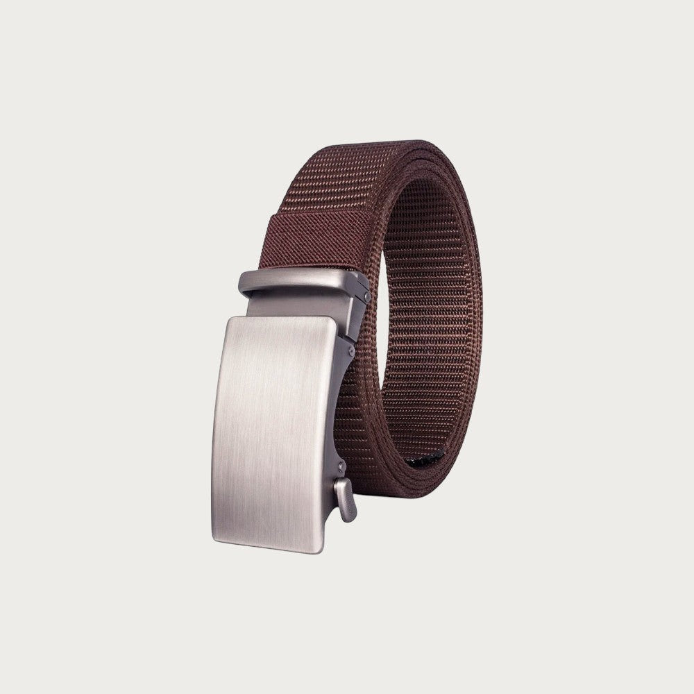 Ceinture homme Ceintura Forlì en nylon tissé marron avec boucle automatique rectangulaire en alliage argent brossé