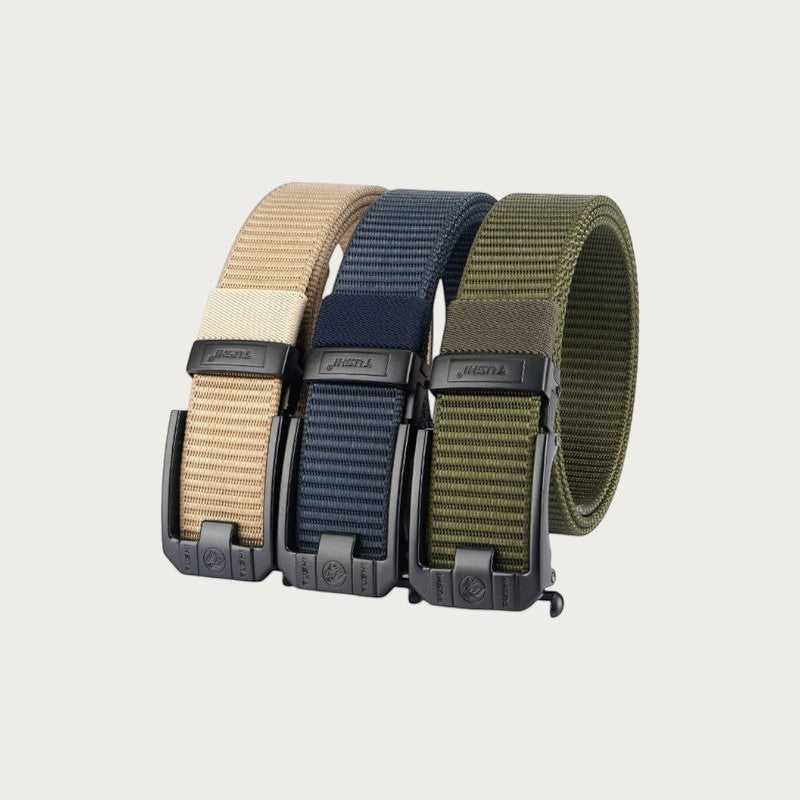 Trois ceintures Ceintura Foggia en nylon tissé avec boucle automatique noire, coloris beige, bleu marine et kaki