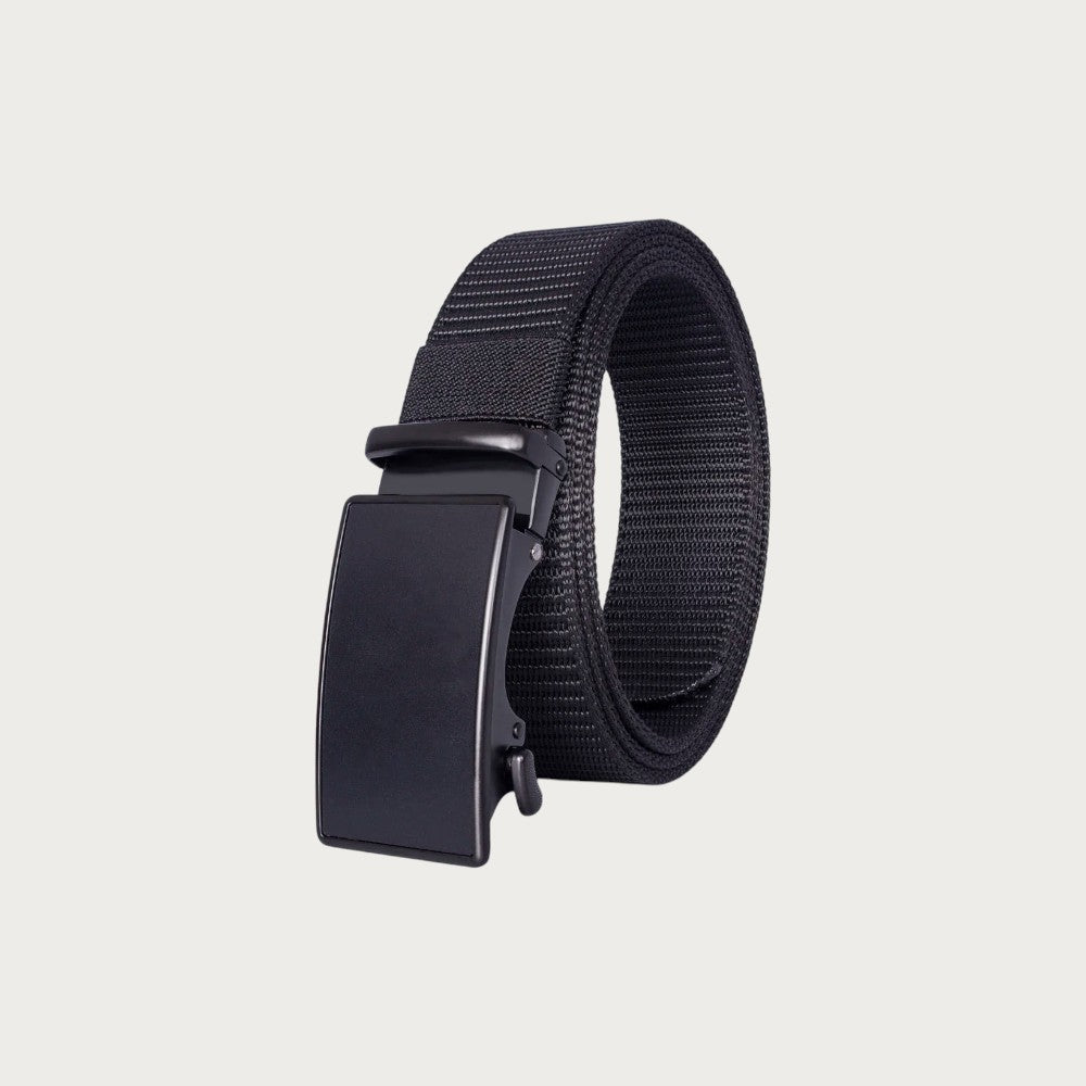 Ceinture homme Ceintura en nylon noir avec boucle automatique mate en alliage de zinc, style tactique et ajustable.