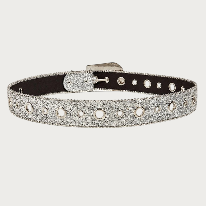 Ceinture Ceintura argentée à paillettes avec œillets métalliques et boucle scintillante style punk Y2K