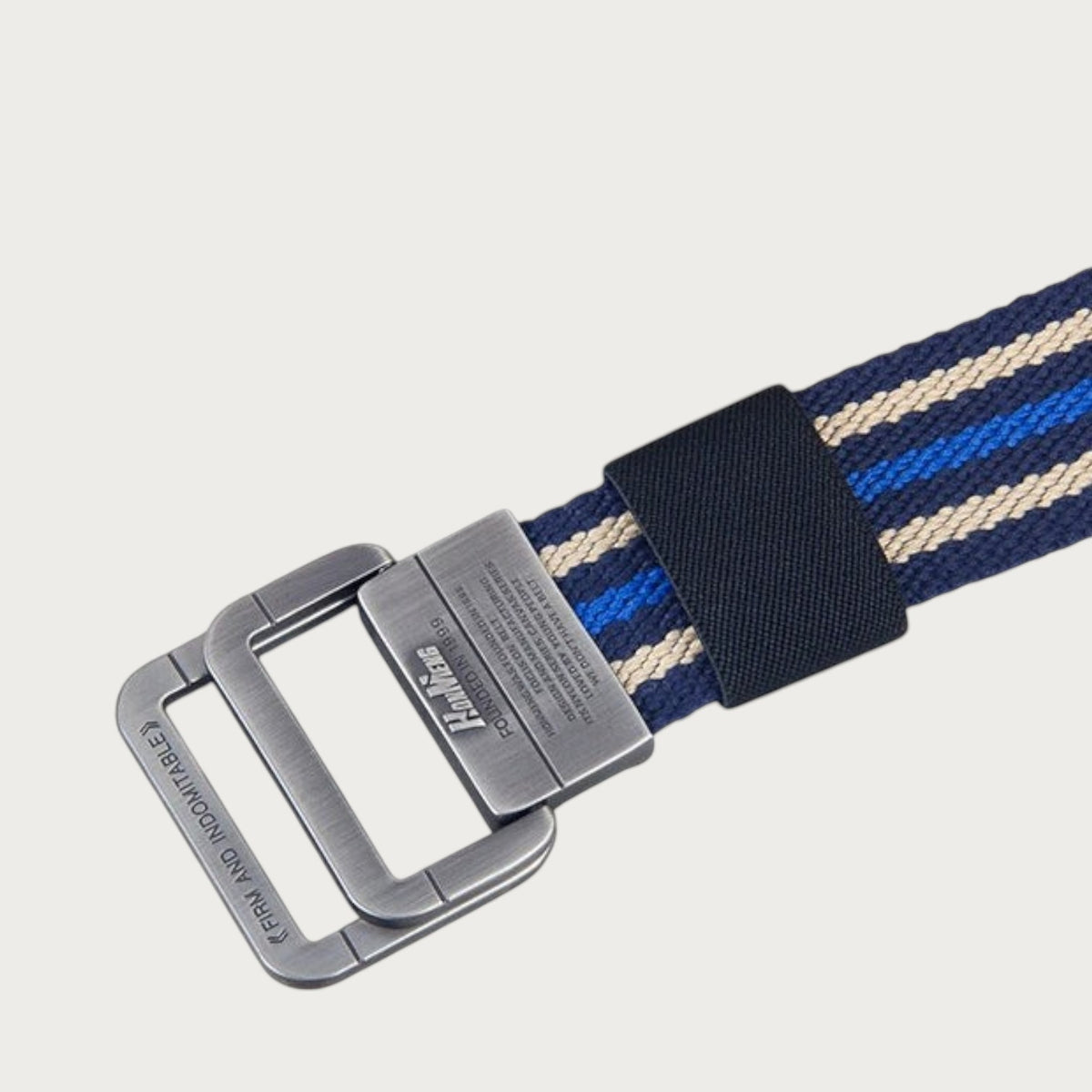 Ceintura ceinture unisexe en polyester rayé bleu et beige avec boucle double anneau en alliage style décontracté