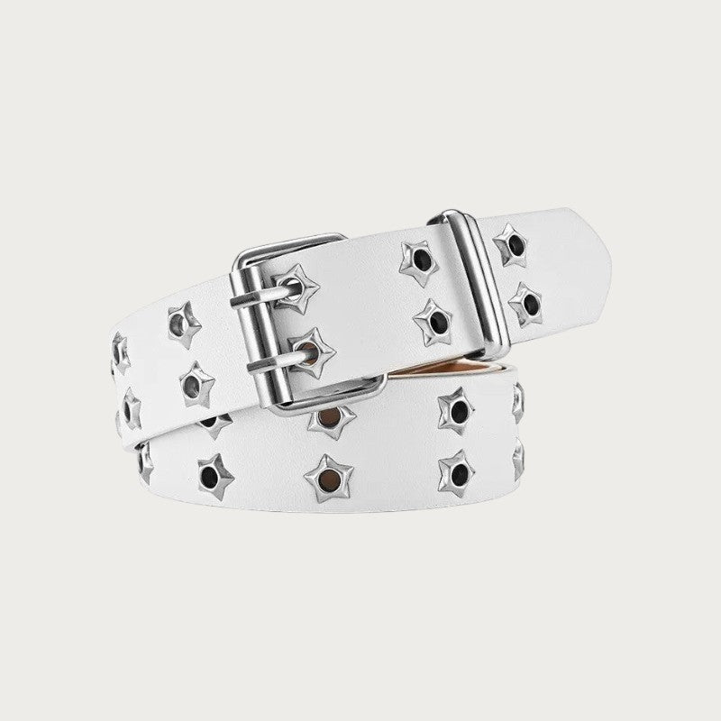 Ceintura ceinture punk blanche en similicuir avec rivets en forme d'étoile et double boucle ardillon argentée